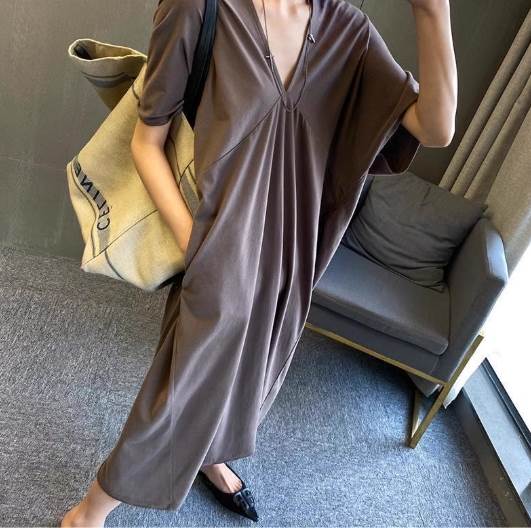 樂天商城 - ワンピース レディース Vネック 春夏秋 体型カバー ゆったり 大きいサイズ きれいめ カジュアル エスニック アジアン モード系 メンズライク マニッシュ お出かけ 旅行 普段使い 20代 30代 40代 50代 黒 グレー L XL 送料無料 大人