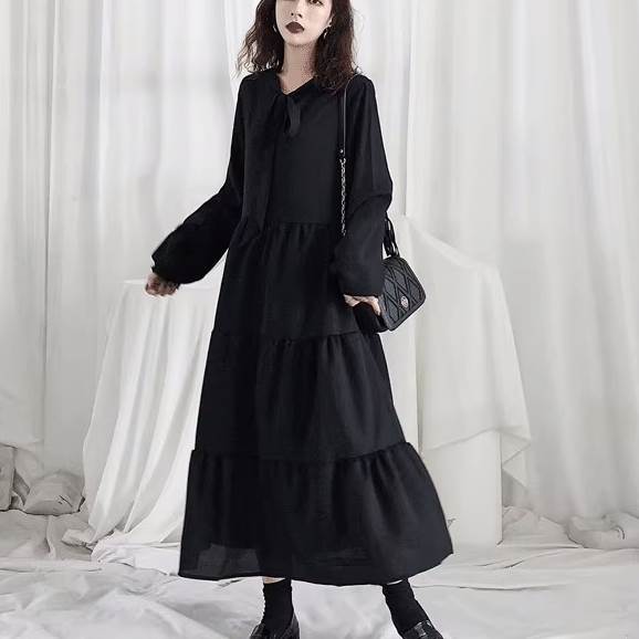 乐天商城 - ワンピース ミモレ丈ワンピース 長袖 リボンタイ セミフレア ポケット ミモレ丈 かわいい 大人可愛い きれいめ シンプル 上品 おしゃれ レトロ カジュアル こなれ感 個性的 主役級存在感 抜け感 春 秋 ベーシック ナチュラル クール キュート 無地 女性用 レディース