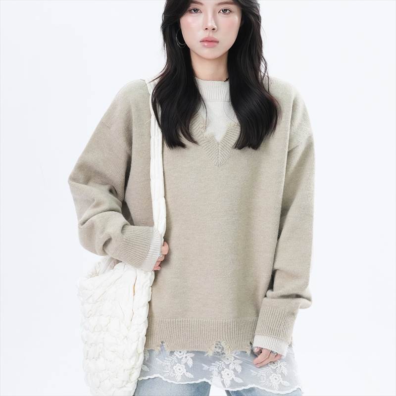 Crew Neck - トップス セーター 長袖 クルーネック プルオーバー ミディアム丈 重ね着風 ダメージ加工 かわいい 可愛い 大人可愛い きれいめ シンプル 上品 レトロ おしゃれ かっこいい カジュアル レトロ こなれ感 個性的 主役級 存在感 抜け感 秋 冬 ベーシック ナチュラル クール