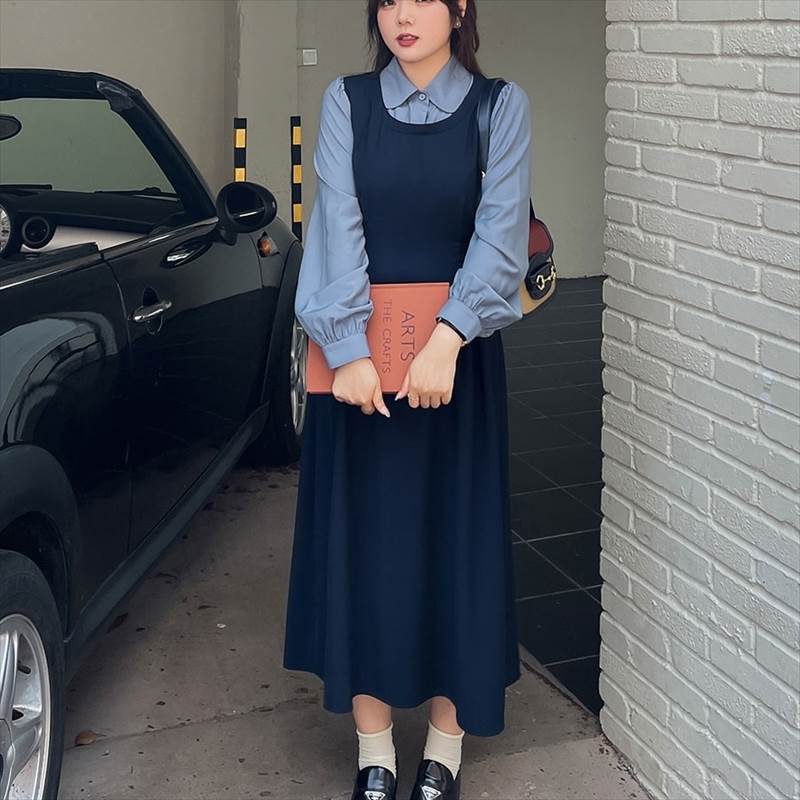 Rakuten - ワンピース ミモレ丈ワンピース 長袖 襟付き バックリボン 重ね着風 ミモレ丈 かわいい 可愛い 大人可愛い きれいめ シンプル 上品 おしゃれ レトロ カジュアル こなれ感 個性的 主役級存在感 抜け感 春 夏 ベーシック ナチュラル 無地 女性用 レディース ママ