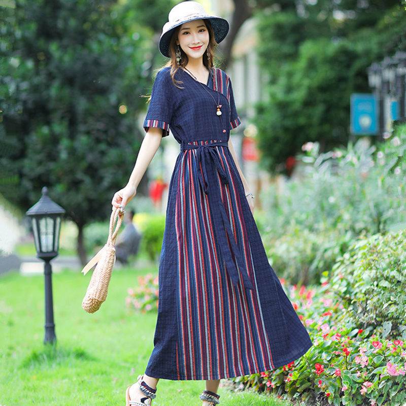 樂天商城 - ロングワンピース レディース 半袖 Vネック 春夏 切り替えデザイン セミフレア ハイウエスト ウエストリボン 体型カバー 着痩せ 細見え きれいめ 上品 清楚 カジュアル 旅行 ママ 20代 30代 40代 50代 M L XL 2XL 送料無料