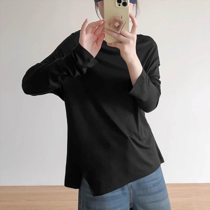Rakuten - トップス カットソー 長袖 ラウンドネック プルオーバー サイドスリット ミディアム丈 薄手 かわいい 可愛い 大人可愛い きれいめ シンプル 上品 レトロ おしゃれ かっこいい カジュアル レトロ こなれ感 個性的 主役級 存在感 抜け感 春 夏 ベーシック ナチュラル