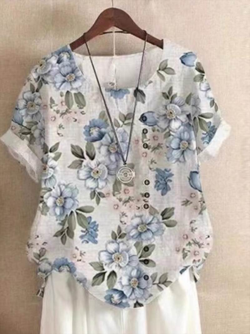 Rakuten - レディース トップス Tシャツ 半袖 ラウンドネック スリム ストレート 薄手 リネン 異素材ミックス コットン かわいい 大人可愛い きれいめ 上品 おしゃれ レトロ ガーリー ルーズ エレガント 主役級 存在感 抜け感 キュート 都会的 ラグジュアリー 花柄 フラワー 総柄