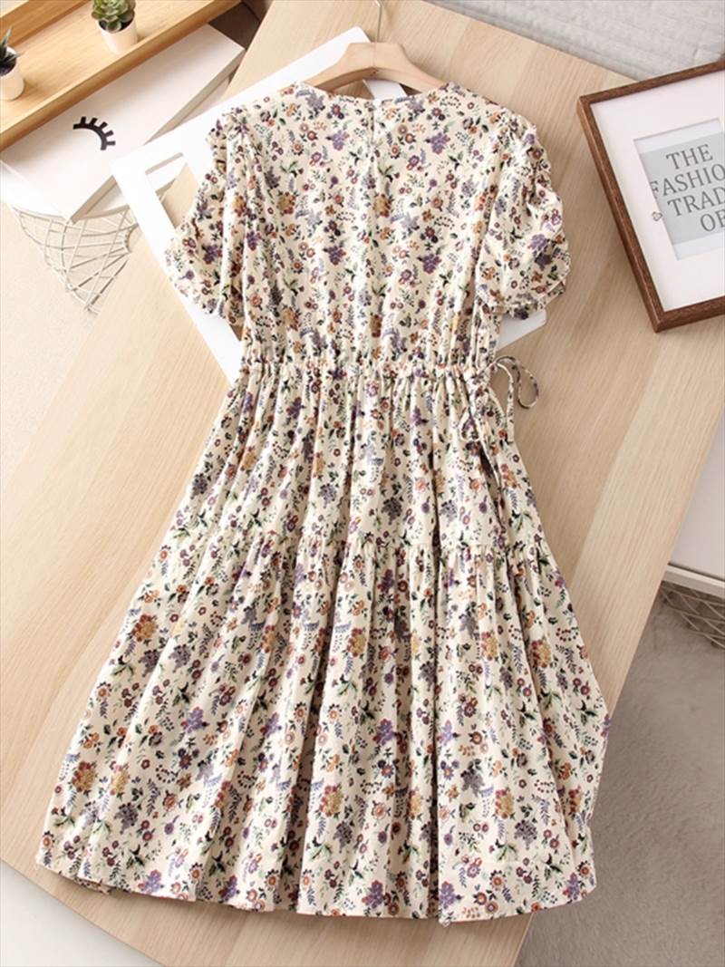 レディース スカート ワンピース ドレス フレア 膝丈 ミモレ 半袖 ラウンドネック 襟なし フレア セミフレア Aライン フェミニン ウエストマーク ふっくら ウエストゴム 異国風 薄手 かわいい 大人可愛い カジュアル おしゃれ レトロ アジアン エスニック ガーリー