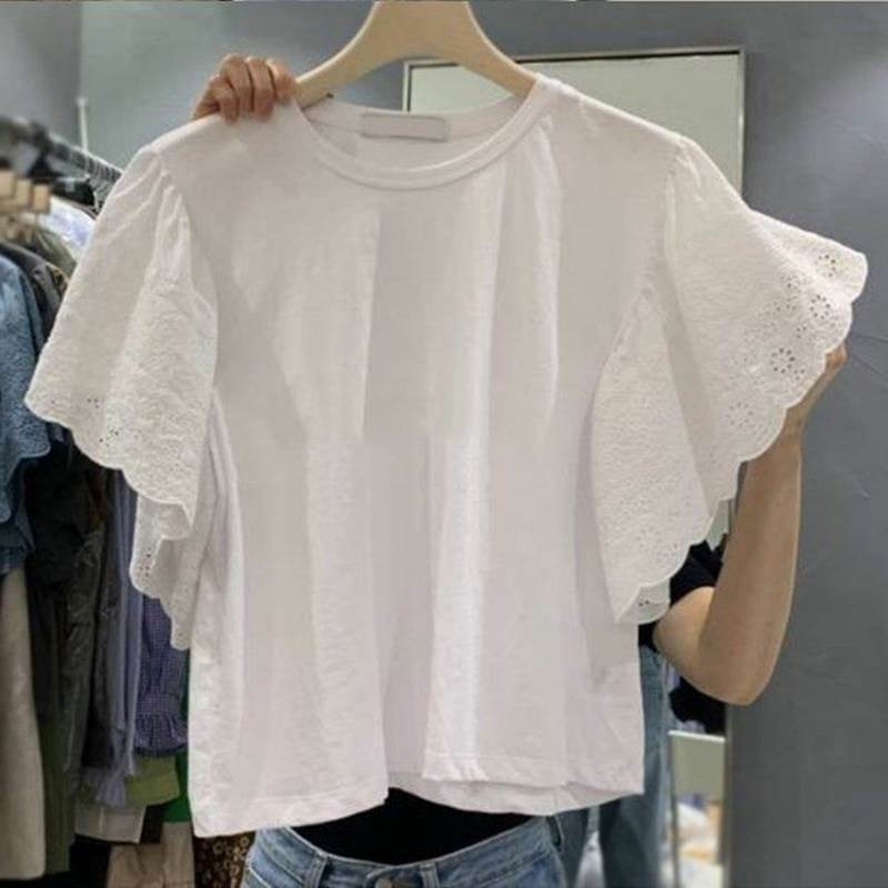 Rakuten - Tシャツ 半袖 レディース トップス ブラウス 5分袖 フレアスリーブ ラウンドネック スリム 細身 フェミニン かわいい 大人可愛い シンプル カジュアル おしゃれ こなれ感 ラフ ガーリー ルーズ 個性的 抜け感 ラブリー キュート ベーシック アクティブ ナチュラル 無地