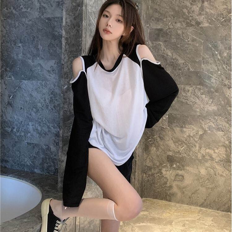 Long-Sleeved - レディース トップス ロンT ロング 長袖 オープンショルダー ラウンドネック ワイド 切り替えデザイン バイカラー かわいい 大人可愛い きれいめ シンプル カジュアル 上品 おしゃれ かっこいい レトロ こなれ感 ラフ メンズライク ボーイッシュ スポーティー 個性的