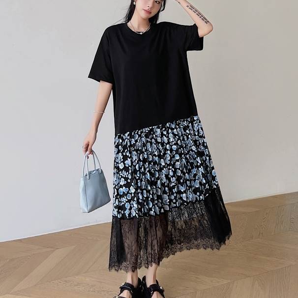乐天商城 - ワンピース ロングワンピース 半袖 ラウンドネック 切り替えデザイン 異素材ミックス レース 透け感 揺れる かわいい 大人可愛い きれいめ シンプル 上品 おしゃれ レトロ カジュアル こなれ感 個性的 役級存在感 抜け感 春 夏 ベーシック ナチュラル エレガント 女性用