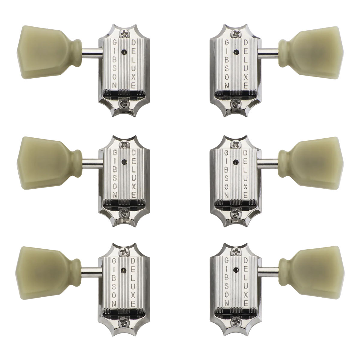 Gibson Deluxe Green Key Tuner Set PMMH-010 クラシックなルックスと高い精度を兼ね備えた、ギブソン純正ヴィンテージスタイル・マシンヘッド。 パーロイドボタンを採用したGibson純正ヴィンテージスタイル・マシンヘッドは、ソリッドニッケル製の密閉型ハウジングと、当時の仕様を忠実に再現したヴィンテージスタイルが特徴です。 伝統的なパーロイドボタンがヘッドストックに高級感とクラシカルな雰囲気を演出するとともに、優れたチューニング精度と高い信頼性を実現します。 本製品はGibson純正OEMパーツです。 ※ご注意 本製品はネジ込み式ブッシュ（Screw-in Bushing）を採用しています。そのため、従来のプレスイン式ブッシュ（Push-in Bushing）用チューナーよりも大径の取付穴が必要となります。ご購入前に、お使いのギターの取付仕様をご確認ください。