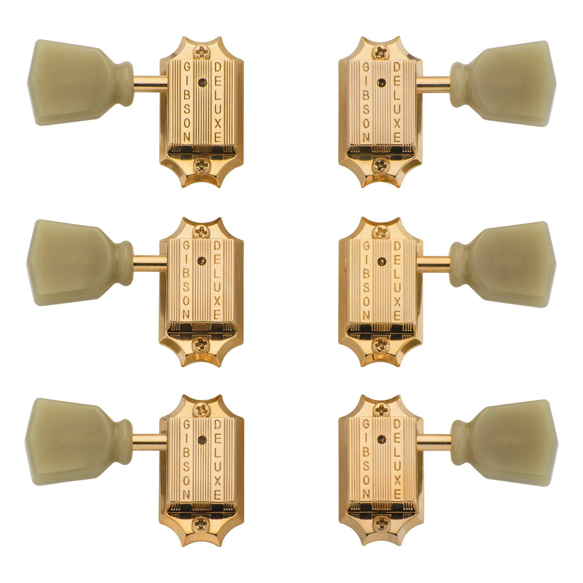 Gibson Deluxe Green Key Tuner Set PMMH-020 クラシックなルックスと高い精度を兼ね備えた、ギブソン純正ヴィンテージスタイル・マシンヘッド。 パーロイドボタンを採用したGibson純正ヴィンテージスタイル・マシンヘッドは、ソリッドニッケル製の密閉型ハウジングと、当時の仕様を忠実に再現したヴィンテージスタイルが特徴です。 伝統的なパーロイドボタンがヘッドストックに高級感とクラシカルな雰囲気を演出するとともに、優れたチューニング精度と高い信頼性を実現します。 本製品はGibson純正OEMパーツです。 ※ご注意 本製品はネジ込み式ブッシュ（Screw-in Bushing）を採用しています。そのため、従来のプレスイン式ブッシュ（Push-in Bushing）用チューナーよりも大径の取付穴が必要となります。ご購入前に、お使いのギターの取付仕様をご確認ください。