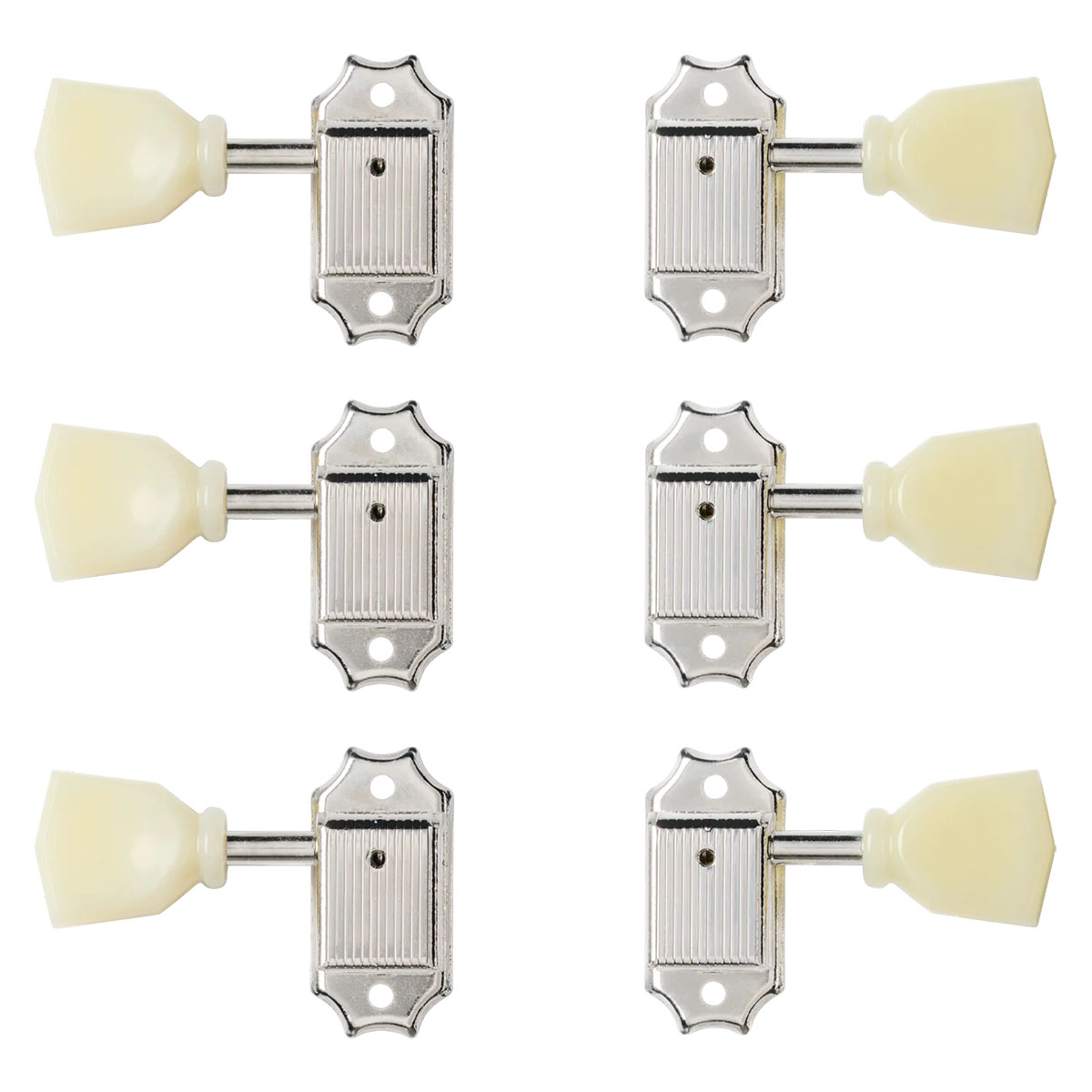 Gibson Deluxe Reissue-Style Tuner Set PMMH-040 1950年代仕様を忠実に再現した、ギブソン純正ヴィンテージスタイル・レスポール・マシンヘッド。 1950年代のGibsonチューナーと同じOEM仕様に基づいて製造された、パーロイドボタン採用のヴィンテージスタイル・マシンヘッドです。 ニッケル仕上げの本体に、プレスイン・ブッシュ方式と密閉型ハウジングを採用し、クラシカルなルックスと高いチューニング安定性、優れた耐久性を実現。レスポールをはじめとするギブソンギターのヘッドストックに、ヴィンテージを彷彿とさせる風格を与えます。 本製品はGibson純正OEMパーツ（ニッケルフィニッシュ）です。