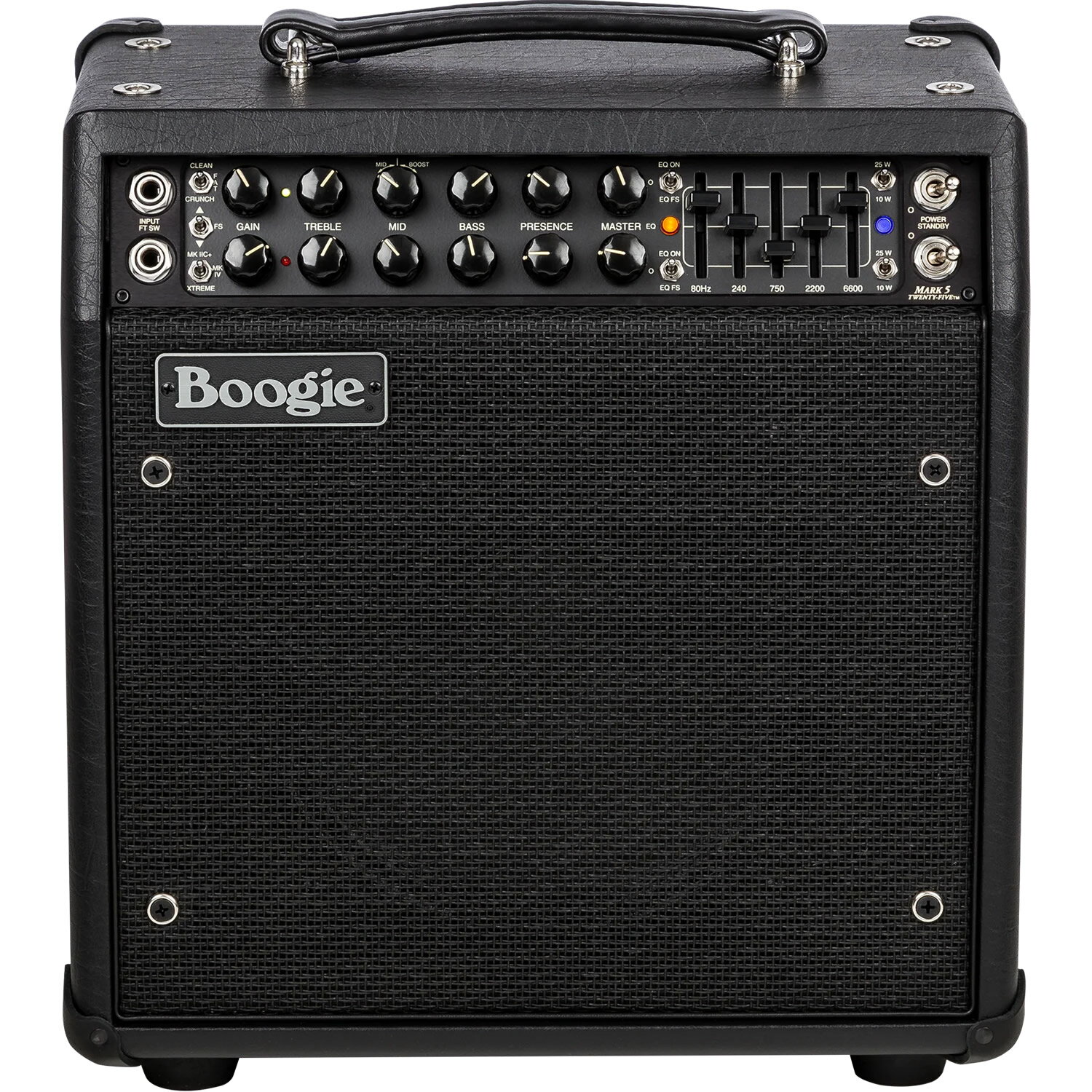 小さな筐体にMarkシリーズのすべてを。 世界的に評価の高い メサブギー MarkシリーズのDNAを、驚異のコンパクトサイズに凝縮したMARK FIVE: 25™。25W出力のヘッドまたは1×10コンボとして登場し、2チャンネル・6モード構成で多彩なサウンドを実現します。 EL84パワー管によるこのモデルは、Markシリーズならではの煌びやかなクリーントーンと伸びやかなハイゲインリードをよりタイトでブライトに再構築。 Dyna-Watt™パワーセクションが生み出す反応の良さとレスポンスが、あらゆるプレイスタイルに対応します。 歴代の名機 MARK IIC+™／MARK IV™／MARK V™ のプリアンプ回路を継承し、あらゆるサウンドメイクをこの1台でカバー。 コンパクトながら圧倒的なトーンと存在感を放つ、まさに“ミニ・フルスペックMark”です。 ■ 主な特徴 ・25W出力（Dyna-Watt™ EL84 ×2） ・2チャンネル／6モード構成（Mark IIC+™, Mark IV™, Mark V™ ボイス搭載） ・Dyna-Watt™パワーによる高レスポンス・トーン ・10インチ・スピーカー×1基（Celestion G10 Creamback） ・小型軽量ながら驚異的な音圧とサステイン 2 Button Footswitch (Ch. 1/2 & EQ), Fitted Slip Cover 付属