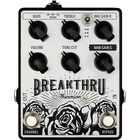 Thermion Breakthru - British Blizzard dual overdrive 多くのギタリストに影響を与えてきた“ブリティッシュ・オーバードライブ”の真髄を現代に蘇らせる、デュアルチャンネル・オーバードライブ／プリアンプ Breakthru。 いわゆる“Blizzard of Nails”と称される、ミッドが効いた芯のあるブリティッシュトーンをベースに、インディーやブルースからハードロックまで幅広く対応。パンチとダイナミクスに優れたサウンドで、プレイヤーの表現力を一段引き上げます。 内部構造はクラシックな2x12ブリティッシュ・コンボアンプをベースに設計。 Normalチャンネル（Gain）と、よりブライトで輪郭のあるBrightチャンネル（Gain / Bass / Treble）の2系統を搭載し、それぞれ異なるキャラクターのドライブサウンドを自在に使い分けることが可能です。 マスターセクションには、全体の音量を調整するVolumeに加え、フェイズスプリッターに着想を得たトレブルダンピング（Tone Cut）コントロールを装備。高域の質感を繊細に整えることで、よりアンプライクで完成度の高いトーンメイクを実現します。 さらに3段階のVRMスイッチ（V / M / R）により、アンプのインプットに接続するオーバードライブペダルとしてはもちろん、パワーアンプやエフェクトループのリターンに接続する本格的なプリアンプとしても使用可能。用途に応じた柔軟な運用が可能です。 高品質なパーツを使用し、1台ずつ丁寧にハンドメイドで製作。各ゲインステージも個別に調整され、すべての個体で最適なサウンドを実現しています。 さらにSE2テクノロジーを搭載し、オーディオインターフェースへ直接接続してのレコーディングにも対応。専用インパルスレスポンスを使用することで、本格的なブリティッシュアンプサウンドをDAW上で再現可能です。 圧倒的なパンチとダイナミクス、そして唯一無二のキャラクター。 本格的なブリティッシュトーンを求めるプレイヤーに贈る、次元の異なるデュアル・オーバードライブです。 ＜主な特徴＞ ・2チャンネル・オーバードライブ（Normal / Bright） ・Normalチャンネル：Gainコントロール ・Brightチャンネル：Gain / Bass / Trebleコントロール ・マスターセクション：Volume、Tone Cut（トレブルダンピング） ・VRMスイッチ（Vintage / Modern / Preamp） ・SE2テクノロジー搭載（IR使用によるレコーディング対応） ・スペイン製ハンドメイド Controls: ・Normal Channel: NRM Gain G ・Bright channel: BRG Gain R, Treble, Bass ・Master section: Volume, Tone cut ・Three ways VRM switch Power: Standard pedal power: 9V ‘center negative’ 2.1mm DC jack Protection: Polarity inversion, AC connection, Momentary Overvoltage Features: ・True Bypass. ・Switchable channels. ・Equipped with SE2 (Studio Environment Emulation) technology with dedicated impulse responses for professional recording. ・Anodized metal printing for maximum durability. ・Wired, soldered and built by hand according to our quality standards. Max current consumption: 100mA Impedances: Input >1MΩ, Output Dimensions (WxHxD): 10x12x5cm Weight: 400gr ※直輸入品 ※当店発行の保証書にて1年間の保証が受けられます。 Thermion（サーミオン） Thermion（サーミオン）は、2012年にスペイン・アルバセテで創業されたアナログ機器ブランドです。 真空管アンプの技術サービスをルーツに持ち、クラシックなチューブアンプサウンドの魅力を、現代のミュージシャンに向けて扱いやすくポータブルな形で提供しています。 すべての製品は自社工房にてハンドメイドで製造され、航空機グレードの素材や地元職人の技術を活かした高い品質と信頼性を実現。 純粋なアナログトーンと現代的な機能性を融合した機材は、ライブやレコーディングの現場で高い評価を得ています。 ◆当店内「Thermion」エフェクターTOPはこちら＞＞