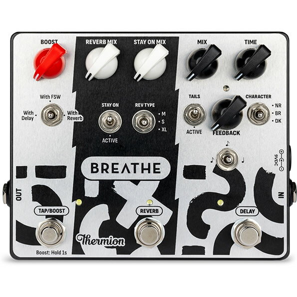 Thermion BREATHE - Tap Delay, Dual Reverb & Boost ディレイ、リバーブ、ブースト―― サウンドメイクに必要な3つの要素を1台に凝縮したオールインワン・ペダル Breathe。 Thermionのアーティストチームの要望から生まれた本機は、アナログライクなタップディレイ、デュアルリバーブ、最大約15dBのクリーンブーストを搭載。リズムからリードまで、あらゆるプレイをワンランク引き上げます。 タップテンポ対応のディレイは、温かみのあるリピートで奥行きと立体感をプラス。リバーブはデュアル構成＋3タイプ（S / M / XL）を備え、自然で広がりのある空間表現を実現します。さらにテイルズモードにより、エフェクトOFF時も残響を自然にキープし、演奏の流れを損ないません。 ブーストは最大約15dBのクリーンゲインを確保し、ソロ時にしっかりと前に出るサウンドを実現。ディレイやリバーブと連動させることも、単体で使用することも可能で、シーンに応じた柔軟な運用が行えます。 また、リズムプレイ時にリバーブを常時かけておける“Stay On”モードも搭載。1回の操作でリードサウンドへスムーズに移行できるなど、ライブでの実用性にも優れています。 コンパクトかつ堅牢な設計で、ペダルボードにも無理なく組み込み可能。 空間系＋ブーストを一括でコントロールしたいプレイヤーに最適な一台です。 ＜主な特徴＞ ・ディレイ／リバーブ／ブーストを1台に集約 ・最大約15dB クリーンブースト ・タップテンポ対応アナログライク・ディレイ ・デュアルリバーブ（S / M / XL） ・ブーストは単体／ディレイ／リバーブと連動可能 ・Stay Onモード（リズム用リバーブ常時ON） ・テイルズモード（残響保持） ・トゥルーバイパス仕様 Controls: Main and 'Stay On' reverb, Boost and activation modes, Tap tempo delay with variable multiplier Power: Standard pedal: 9V 'centre negative' via 2.1mm DC jack Maximum current consumption: 350mA Protection: Polarity reversal, AC connection, Momentary overvoltage Features: ・Three complete pedals: 18db Clean boost, Tap delay and Dual Reverb. ・Boost activation can be associated with delay, reverb or independently. ・'Stay On' mode for always-on reverb mix for rhythms. ・Three types of reverb, S, M and XL. ・'Tails' mode to not cut the delay tails when deactivated. ・True bypass. Impedances: Input >1MΩ, Output Dimensions (WxHxD): 15,5x12,5x5,7cm Weight: 625gr ※直輸入品 ※当店発行の保証書にて1年間の保証が受けられます。 Thermion（サーミオン） Thermion（サーミオン）は、2012年にスペイン・アルバセテで創業されたアナログ機器ブランドです。 真空管アンプの技術サービスをルーツに持ち、クラシックなチューブアンプサウンドの魅力を、現代のミュージシャンに向けて扱いやすくポータブルな形で提供しています。 すべての製品は自社工房にてハンドメイドで製造され、航空機グレードの素材や地元職人の技術を活かした高い品質と信頼性を実現。 純粋なアナログトーンと現代的な機能性を融合した機材は、ライブやレコーディングの現場で高い評価を得ています。 ◆当店内「Thermion」エフェクターTOPはこちら＞＞