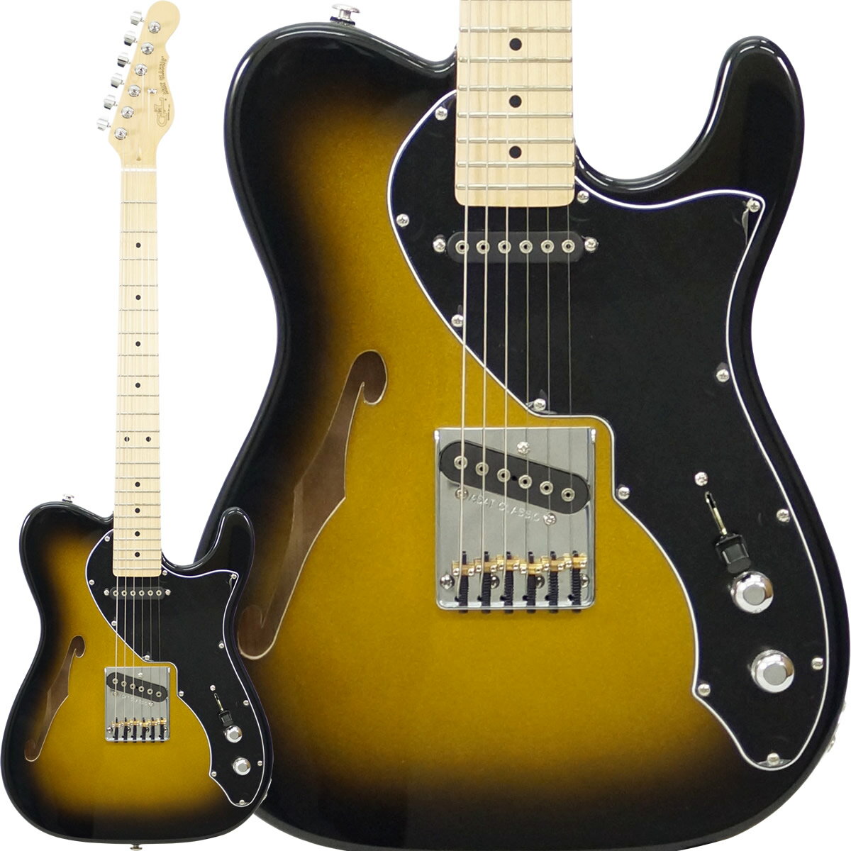 G&L USA Limited ASAT Classic Thinline (2-Tone Goldburst/Maple)【新品アウトレットセール特価・チョイ傷】 - レオ・フェンダーが最後に手掛けた“テレスタイルの最終形”をセミホロウ構造で - G&Lは、フェンダー創業者レオ・フェンダーが晩年に立ち上げたブランド。彼が「自分にできることはすべてやり遂げた」と語った最後の日に完成させた設計思想が、今もカリフォルニア州フラートンの工場で受け継がれています。ASAT Classicは、レオが再定義したテレスタイルの最終形とも言えるモデルです。 本品はUSA製のリミテッドモデルで、Fホールを備えたセミホロウ構造を採用。印象的なメタリック・ゴールド・2トーンサンバーストのボディにメイプル指板を組み合わせた、トラディショナルなスタイルながらもステージ映え抜群のルックスに仕上がっています。新品ながら外観にわずかなチョイ傷があるため、特価販売中。演奏面には一切問題なく、軽量かつ豊かな鳴りを備えた一本です。 ＜ASAT Thinlineならではの設計思想と演奏性＞ - G&L独自のMFD（Magnetic Field Design）ピックアップによる高出力＆低ノイズ - 弦ごとの音量バランス調整が可能なホールピース構造 - セミホロウ構造による箱鳴り感とタイトさの絶妙なバランス - 9.5インチR指板＆ミディアムジャンボフレットで快適な演奏性 - 約3kgの軽量設計で長時間の演奏にも最適 G&Lは、レオの精神を受け継ぎながら「レオならどうするか？」を問い続ける楽器作りを今も続けています。ASAT Classic Thinlineは、そんなG&Lの哲学と革新性が詰まったモデル。ヴィンテージ感とモダンな演奏性を両立した、唯一無二の一本です。 ■仕様 ・ボディ材：アルダー（セミホロウ構造） ・ネック材：メイプル ・指板材：メイプル ・フレット数：22F ・ピックアップ：G&L MFDシングルコイル ×2 ・コントロール：1ボリューム / 1トーン / 3ウェイセレクター ・ブリッジ：Boxed-Steel 6wayサドルブリッジ ・ネックジョイント：ボルトオン ・製造国：USA（Fullerton製） ・付属品：G&L純正ギグバッグ ・本体重量：2.92kg