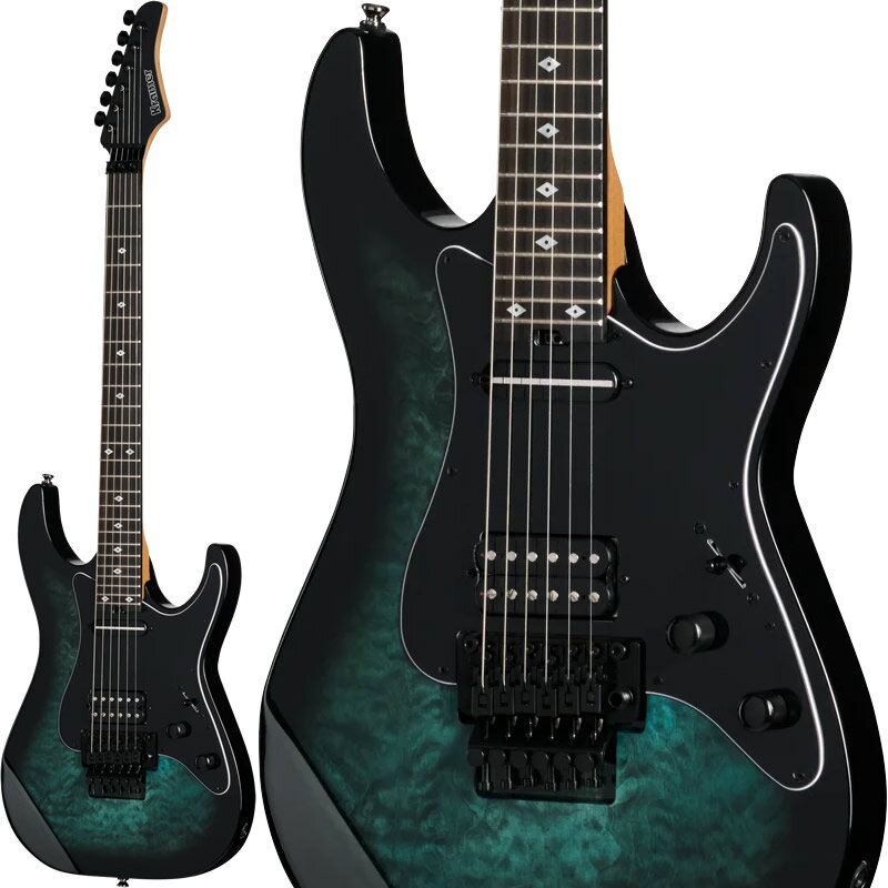 クレイマーから現代のテクニカルなプレイヤーに向けたNEWモデル『Volante（ヴォランテ）』登場！こちらは美しい4Aキルト・メイプルTOPバージョン！ A new Kramer model with a gorgeous quilt top designed specifically for today’s virtuosos 「Volante」とはイタリア語で「飛ぶ」や「軽やか」といった意味を持ち、スピードや流れるようなプレイを連想させるワードです。新たにリリースされるモデル群 『ヴォランテ』は、スピードと流麗さを体現したギターとなります。 最新『ヴォランテ』シリーズは、Kramer USA Neptuneピックアップ、サテンフィニッシュ＆サーマリー・エイジド加工を施した3ピース・メイプルネック、コンパウンド・ラジアス、5ボルト・スカルプテッド・ヒールなど、テクニカルプレイヤー垂涎の魅力的な仕様の数々を備えています。 こちらの『ヴォランテ・キルト HSFR』は、軽量なアルダー・ボディに美しいAAAAグレードのキルト・メイプルの化粧板をトップに配し、ボディ・コンター加工により快適な演奏性を実現しています。3ピース構造のメイプル・ネックはサテン仕上げとなっており、5点留めのボルトとフェルールによりボディに強固にセットされています。また、ハイポジションへのアクセスを容易にするスカルプテッド・ヒールも採用されています。さらに新開発のキーロック・システムを搭載し、ボディ/ネックの接合部の安定性を向上させています。5点留めのジョイント構造により、ネックポケット内での遊びの余地を無くすことで、より多くの振動から得られるトーンの伝達性、サステイン、イントネーションの向上を実現させています。 ネックはサーマリー・エイジド処理が施され、エリプティカルCプロファイルを採用。指板にはエボニーを使用し、24本のジャンボ・フレット、マザー・オブ・パールのダイヤモンド・インレイ、指板面はコンパウンド・ラジアス（10”-14”）を採用しています。トラスロッドはボディ側の指板エンド部にスポーク・ホイール式のトラスロッド調整ナットを搭載しており、素早い調整が可能です。スケールは25.5インチで、ドロップチューニングにも適しています。Floyd Rose® R3ロッキングナットと1000シリーズ・トレモロにより、アグレッシブなアーミングにも高いチューニングの安定性を誇ります。 ピックアップについて、ブリッジ側にKramer USA ネプチューン・ハムバッカー、ネック側にKramer USA トリトン・ノイズレス・ピックアップを搭載しています。コントロールはマスターボリューム、マスタートーン、3ウェイ・ブレード式ピックアップセレクターを備え、トーンコントロールにはプッシュ／プルスイッチによるブリッジ・ハムバッカーのシリーズ／パラレル切り替え機能も搭載しています。 本モデルは1980年代のリイシューではないものの、Kramerならではの“Made to Rock Hard”スピリットをしっかりと受け継ぎ、現代のヴァーチュオーゾたちが求めるすべての機能を惜しみなく投入しています。 プレミアム・ギグバッグが付属します。 ※画像はサンプルです。製品の特性上、杢目・色合いは1本1本異なります。予めご了承下さい。 Body Body Style: Double Cut Body Shape: Volante Body Material: Alder Top: AAAA Quilt Maple Veneer Body Finish: Gloss Neck Profile: Kramer Elliptical C Scale Length: 647.7 mm / 25.5 in Fingerboard Material: Ebony Fingerboard Radius: Compound Neck Material: Three-Piece Maple, Thermally Aged Neck Finish: Satin Natural Fret Count: 24 Frets: Jumbo Nut Material: Floyd Rose R3 Locking; Rear Mounted Nut Width: 42.85 mm / 1.687 in Inlays: Small Mother-of-Pearl Diamond Joint: Bolt On with Ferrules and Kramer Keylock System Hardware Finish: Black Bridge: Floyd Rose 1000 Series Tremolo Tuning Machines: Mini Die Cast Pickguard: Single Ply Black Truss Rod: Dual Action Control Knobs: Black Knurled Metal Dome Switch Tip: Black Control Covers: Black Strap Buttons: 2 - Bottom and Upper Horn Electronics Neck Pickup: Kramer USA Triton Noiseless Bridge Pickup: Kramer USA Neptune Humbucker Controls: Master Volume, Master Tone with Push/Pull Switch for Series/Parallel Switching of Bridge Humbucker Pickup Selector: Three-way Lever Output Jack: 1/4" Barrel; Flush Mounted Miscellaneous Strings Gauge: .009, .011, .016, .024, .032, .042 Case: Premium Gig Bag Accessories: Floyd Rose Wrench Holder on Headstock Rear プレミアム・ギグバッグ付き