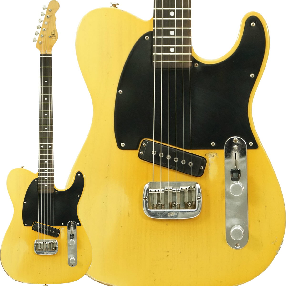 G&Lカスタムショップが手掛ける、 削ぎ落とされた美学を体現する極上の逸品。 本機は、超軽量なスワンプ・アッシュ・ボディ（なんと本体重量2.98kg！）にニトロセルロースラッカーによるバタースコッチ・ブロンド・フィニッシュを纏い、程良く弾き込まれた風合いを再現したミディアム・エイジング加工が施されています。 そして、ブリッジ側に1基のみ搭載されたG&L MFD Jumboシングルコイル・ピックアップが、このモデルの核となります。高出力かつレンジの広いMFDらしく、タイトで輪郭のはっきりした低音、力強いミッドレンジ、そして抜けの良い高域を兼ね備え、クリーンからドライブまで表情豊かなサウンドを生み出します。 コントロールは3ポジション・ブレードセレクター、ボリューム、トーンという実戦的な構成。 シンプルながらも音作りの幅を確保し、プレイヤーのタッチやニュアンスをダイレクトに反映します。 ネックはHard-Rock Mapleネック＋Ebony指板の組み合わせ。#1 G&L Classic Cシェイプ（ナット幅1 5/8"、7 1/2"ラジアス）は、ヴィンテージライクな握り心地と高い演奏性を両立。 エボニー指板ならではの立ち上がりの速さと明瞭な音像が、Solamenteのシンプルな構成と見事にマッチします。ネックフィニッシュにはNitro Vintage Glossを採用し、手に吸い付くような自然なフィーリングを実現しています。 ブリッジにはBoxed-Steel 6サドルブリッジを搭載し、正確なイントネーションと安定したチューニングを確保。ヴィンテージスタイルのKlusonチューナー、ボーンナット、ヴィンテージフレットなど、細部に至るまでCustom Shopらしいこだわりが貫かれています。 また、モデルロゴ・デリート仕様（あえてヘッド部にモデルロゴを入れない仕様）により、ヘッド周りは非常にクリーンで洗練された印象。道具としての機能美と、Custom Shopならではの風格を併せ持つ1本に仕上がっています。 音も、ルックスも、余計なものは一切不要。 ASAT Solamente Medium Agingは、プレイヤーの個性と表現力を最大限に引き出すための、究極にミニマルなG&L Custom Shopモデルです。 滅多にお目に掛かれない逸品ですので、この機会をお見逃しの無いように！ 【G&Lについて】 1980年に、レオ・フェンダー（Leo Fender）とジョージ・フラートン（George Fullerton）によって設立されたブランド「G&L」（レオとジョージのイニシャルから）。数々の名器を世に排出し、今尚、世界中のギタリスト＆ベーシストに愛され続けています。 Made in Fullerton, California, USA | The Birthplace of Bolt-on MODEL: Solamente SERIAL NUMBER: CS2505002 WEIGHT: 2.98kg BODY BODY WOOD: Swamp Ash BODY FINISH: Nitro Butterscotch Blonde BRIDGE: Boxed-Steel with 6 saddles KNOBS: Knurled Flat-top Chrome TRIM PARTS: N/A PICKGUARD: 1-ply Black BODY OTHER: Medium Aging NECK NECK PROFILE: #1 G&L Classic C - 1 5/8" Nut Width,7 1/2" Radius 830" depth at first fret, .960" depth at 12th fret (+/- .015" tolerance upon completion) NECK WOOD: Hard-rock Maple with Ebony fingerboard NECK FINISH: Nitro Vintage Gloss NUT: Bone FRETS: Vintage TUNERS: Kluson NECK OTHER: White Pearl Face Dots, Model Logo Delete ELECTRONICS NECK PICKUP: N/A BRIDGE PICKUP: G&L MFD Jumbo single-coil (Black) CONTROLS: 3-position blade selector, volume, tone Custom Shop Deluxe Black Hardcase 付属