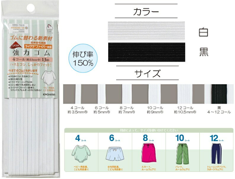 ゴムに替わる新素材超伸縮性繊維【ライクラ】強力ゴム〜今までのゴムとはちがいます！〜 ＊ゆるみにくい！たるみにくい！ ＊優れた耐久性！ ＊ドライクリーニングもOK！ ＊ミシン掛けでも糸切れしない！ ●品質・・・ポリエステル75％ ポリウレタン(ライクラ)25％ 　　　　☆サイズ☆ 4コール・・・約3.5mm巾×13m 6コール・・・約　5mm巾×11m 8コール・・・約　7mm巾×8m 10コール・・・約　9mm巾×7m 12コール・・・約10.5mm巾×6m ●メール便は8個まで対応できます