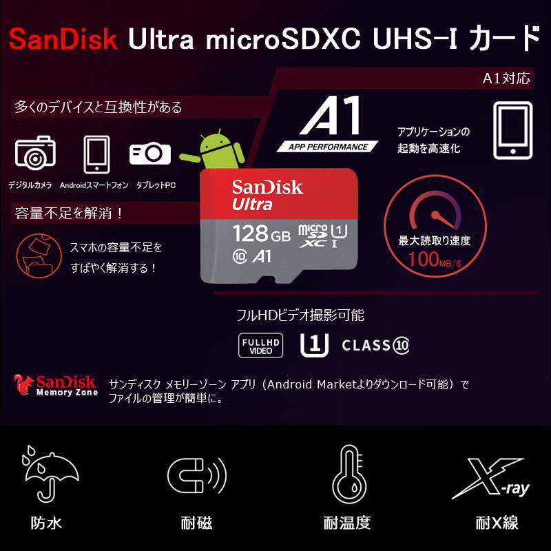 ポイント2倍・連続30ヶ月ランキング1位！microSDXC 128GB 100MB/秒 SanDisk サンディスク UHS-I U1 FULL HD アプリ最適化 Rated A1対応 海外向けパッケージ SATF128NA-QUAR 送料無料