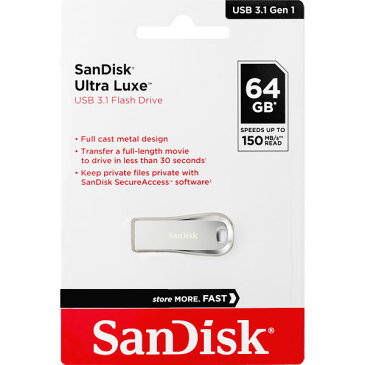 USBメモリ 64GB USB3.1 Gen1 SanDisk サンディスク Ultra Luxe 全金属製デザイン R:150MB/s 海外パッケージ品 送料無料