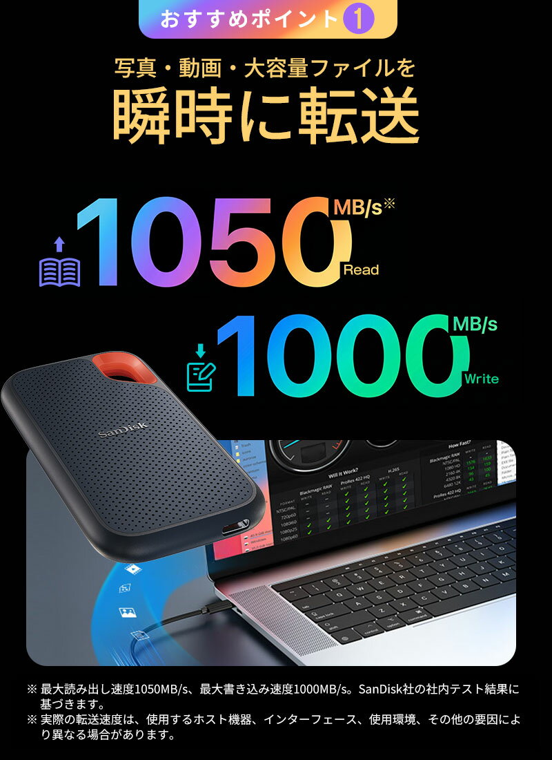 ＼ランキング1位獲得／ポータブルSSD 2TB 外付SSD SanDisk サンディスクSSD USB3.2 Gen2 Extreme R:1050MB/s W:1000MB/s USB-A/USB-C両対応 海外パッケージ 5年保証 宅配便送料無料 SDSSDE61-2T00 - Image 3