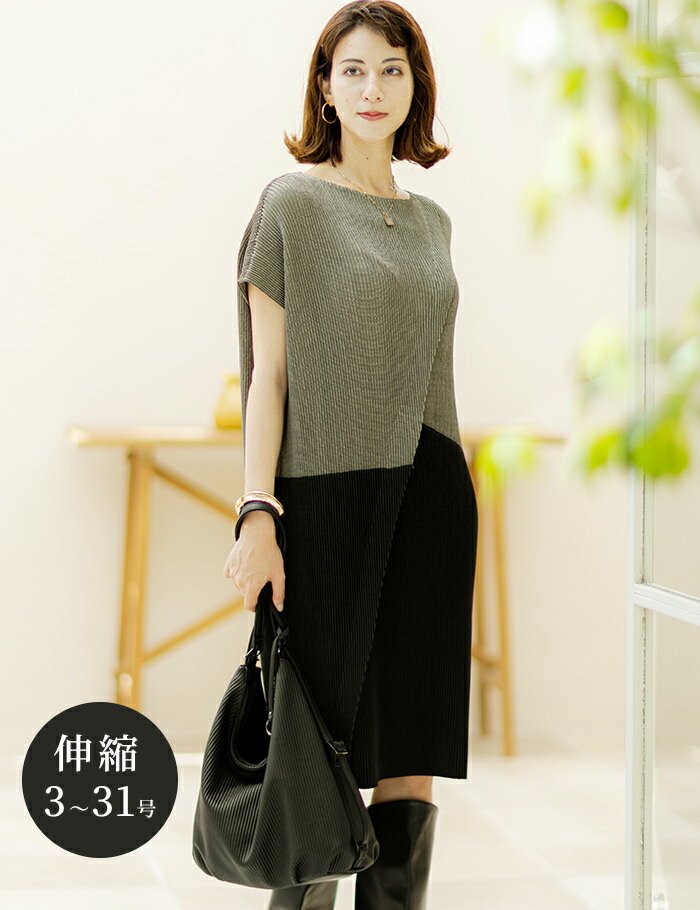 スペッチオ ドッキングワンピース ワンピース プリーツ 膝丈 半袖 ワンピ きれいめ ゆったり 30代 40代 50代 60代 3-31号【SPECCHIO 公...