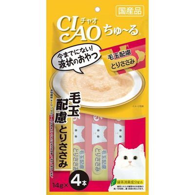 ※この商品はお届け日時をご指定いただけません。またご注文画面において、指定日・指定時間の入力欄が表示されますが、ご指定されても、「日時指定なし」での発送となりますので予めご了承の上ご注文下さい。※メーカー在庫無き場合は、別途納期のご連絡をさせて頂きます。※代引きにてご注文いただきますと、お支払い方法変更の手続きが発生いたします旨、ご了承ください。今までにない！液状のおやつ。とりささみペーストにしました。キトサン・セルロース（食物繊維）を配合で毛玉に配慮しました。【原材料】鶏肉（ささみ）、ほたてエキス、糖類（オリゴ糖等）、植物性油脂、増粘剤（加工でん粉）、キトサン、セルロース、ミネラル類、増粘多糖類、調味料（アミノ酸等）、ビタミンE、紅麹色素、緑茶エキス【保証成分値】粗たん白質7.5%以上、粗脂肪0.2%以上、粗繊維0.1%以下、粗灰分0.6%以下、灰分1.7%以下、水分90.0%以下、エネルギー約7Kcal / 本【賞味期限】2年【 原産国 】日本【注意事項】※食品についての返品、交換はお受けいたしかねますので、あらかじめご了承ください。※ご注文の際は商品内容をご確認ください。※ご注文のタイミングにより新・旧のパッケージが混ざる事がございます。パッケージ違いによる返品交換はできかねますのでご注意ください。