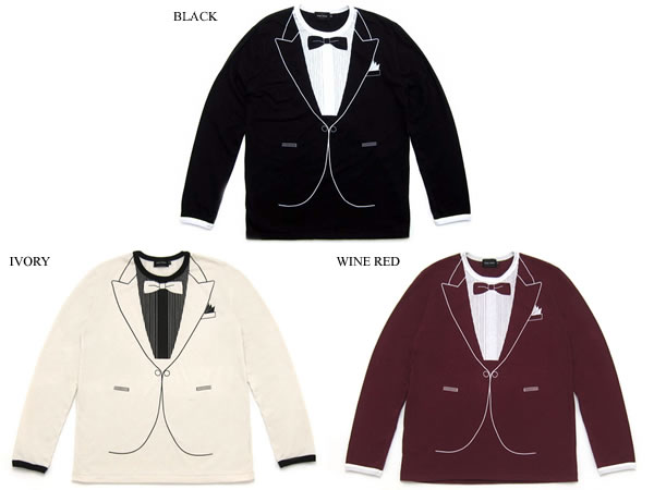 【SALE!!6/14(日)17時まで】だまし絵 タキシード L/S T-shirt(騙し絵トロンプルイユ(trompe-l'oei)タキシードロングスリーブTシャツ)BLACK 長袖長そで黒ブラックフェイクフォーマル正装結婚式二次会ジャケット蝶ネクタイ大人女性男性用