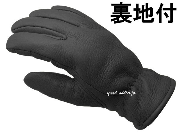 CHURCHILL GLOVE 裏地付（チャーチルグローブ裏地付）BLACK 黒ブラックthinsulateシンサレート100g裏地あり裏地有り裏地付鹿革鹿皮ディアスキン本革本皮防風防雨防寒冷地仕様秋用冬用耐風耐雨定番バイク用レザーグローブアメリカ製usa製