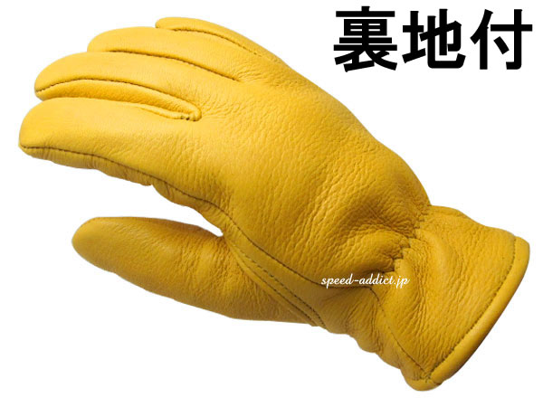 CHURCHILL GLOVE 裏地付（チャーチルグローブ裏地付）GOLD 金色ゴールド黄色イエローthinsulateシンサレート100g裏地あり裏地有り裏地付鹿革鹿皮ディアスキン本革本皮防風防雨防寒冷地仕様秋用冬用耐風耐雨定番バイク用レザーグローブ