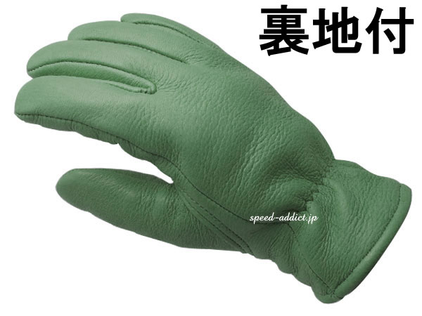 CHURCHILL GLOVE 裏地付（チャーチルグローブ裏地付）GREEN 緑グリーンthinsulateシンサレート100g裏地あり裏地有り裏地付鹿革鹿皮ディアスキン本革本皮防風防雨防寒冷地仕様秋用冬用耐風耐雨定番バイク用レザーグローブアメリカ製usa製