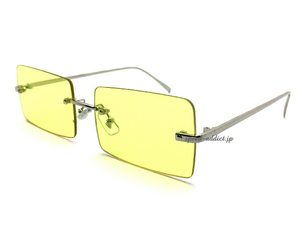 FLAT LENS SQUARE SUNGLASS（フラットレンズスクエアサングラス）SILVER × YELLOW 銀シルバーイエロー黄色伊達眼鏡めがねメガネサングラスレトロカラフルアクセサリーパーティーイベントクラシカル色付きレンズ四角レンズインスタ映え