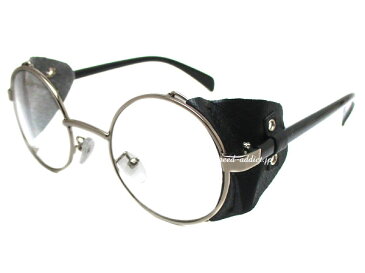 【SALE!!6/14(日)17時まで】30's STYLE LEATHER SIDE COVER ROUND SUNGLASS（30sスタイルレザーサイドカバーラウンドサングラス）SILVER/BLACK × CLEAR 伊達メガネ伊達眼鏡だてめがねロイド眼鏡ラウンドフレーム合皮製防風防塵防雪uvカット