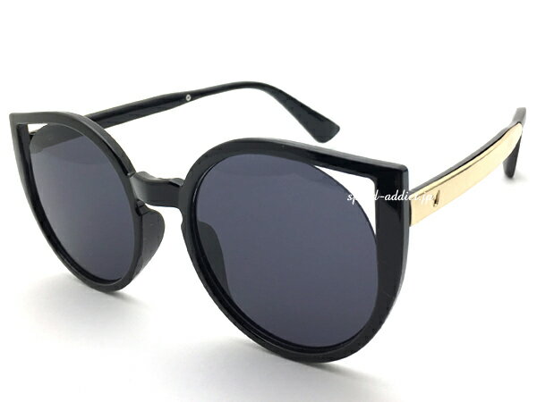 【819の日SALE!!〜8/21(日)17時】CAT'S EYE ROUND SUNGLASS（キャッツアイラウンドサングラス）BLACK × SMOKE ブラックスモーク黒縁くろぶちめがね伊達眼鏡ダテメガネ度なしアイウェア丸セルフレーム丸型サークルアーモンドフォックス個性的ネコ紫外線カット夏フェス