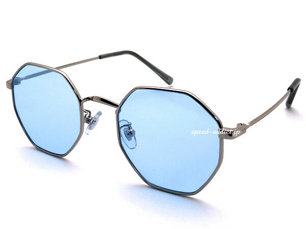 OCTAGON SUNGLASS（オクタゴンサングラス）SILVER × LIGHT BLUE シルバーフレームブルーレンズカラーレンズメタル八角形多角形アクセント眼鏡小振り細身クラシカルトレンドカジュアルスマートクールモデル紫外線カットメンズレディース