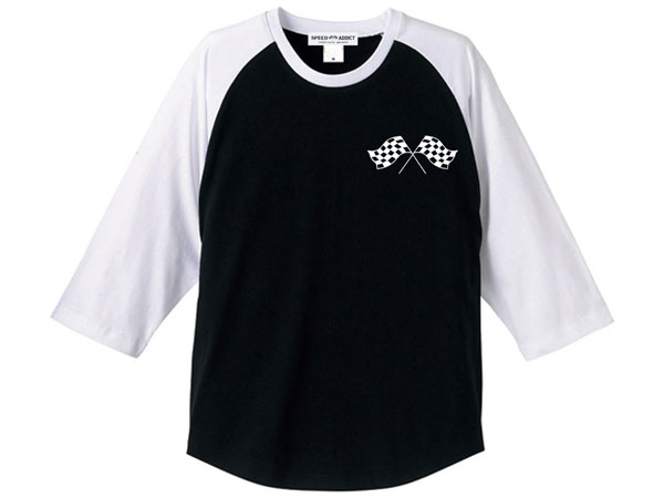 CHECKER FLAGS Raglan 3/4 Sleeves T-shirt（チェッカーフラッグラグラン3/4スリーブTシャツ）BLACK × WHITE サイドバルブフラットヘッドナックルヘッドパンヘッドショベルヘッドエボツインカムダイナソフテイル