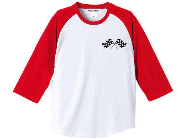 CHECKER FLAGS Raglan 3/4 Sleeves T-shirt（チェッカーフラッグラグラン3/4スリーブTシャツ）WHITE × RED 七分袖赤白レーシングオフロードモトクロスvmxダートトラッカーオフロード車オフ車bsabmwアメカジ古着