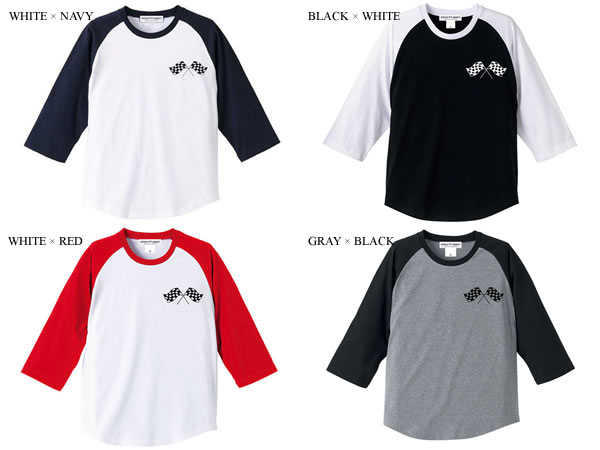 CHECKER FLAGS Raglan 3/4 Sleeves T-shirt（チェッカーフラッグラグラン3/4スリーブTシャツ）BLACK × WHITE サイドバルブフラットヘッドナックルヘッドパンヘッドショベルヘッドエボツインカムダイナソフテイル