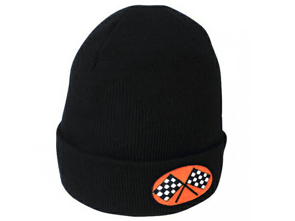 KNIT CAP（ニットキャップ）CHECKER FLAGS ORANGE オレンジ橙色アメリカニット帽チェッカーフラッグワッペン秋冬防寒帽子ワッペン付き刺繍メンズレディース男性用女性用男女兼用自動二輪車市松模様デッドストックusaモーターサイクル