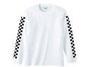 袖CHECKER L/S T-shirt（袖チェッカーロングスリーブTシャツ）WHITE 長袖ロンtee白黒市松模様格子柄チェックチェッカーフラッグvansヴァンズバンズ袖プリントサイドライン重ね着レイヤードレースレーサーレーシングレーシーvmxモトクロス