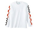 袖CHECKER & STRIPE L/S T-shirt（袖チェッカーandストライプロングスリーブTシャツ）WHITE 長袖ロンtcheckerflagチェッカーフラッグチェック市松模様星条旗国旗柄袖プリントアメカジアメリカンバイクレーサーレーシングダートレースvmx