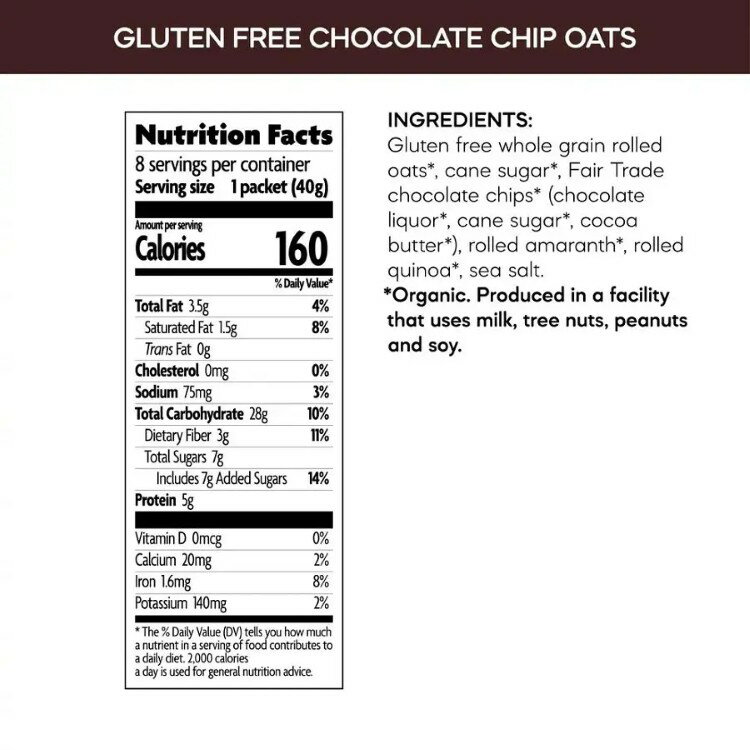 ネイチャーズパス グルテンフリー チョコレートチップ インスタントオートミール 320g Nature's Path Gluten-Free Chocolate Chip Instant Oatmeal 11.3 oz. 【お取り寄せ商品】