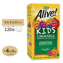 商品説明 ●人気のAliveのキッズ版★ ●合成着色料や甘味料不使用！ お子様の健康をサポートするビタミンやミネラルに、26種類の果物や野菜を配合した、ゼラチン不使用のマルチビタミンチュワブルです。 人工フレーバー、着色料、防腐剤を使用しておらず、有機タピオカやサトウキビジュースで甘く仕上げています！ オレンジ、ベリーの2種類の味で、野菜嫌いなお子様もおいしく栄養素を補給できます♪ ※グルテン、合成香料、合成保存料フリー 消費期限・使用期限の確認はこちら 内容量 / 形状 120粒 / チュアブルトローチ 成分内容 【2粒中】 カロリー10kcal 総炭水化物3g 糖質2g ビタミンA (パルミチン酸レチノール50%［2500IU］、ベータカロチン50%［2500IU］)5,000IU ビタミンC (アスコルビン酸)120mg ビタミンD (コレカルシフェロール)600IU ビタミンE (d−α琥珀酸トコフェロール)30IU チアミン3mg リボフラビン (ビタミンB2)3.4mg ナイアシン (ナイアシンアミド)20mg ビタミンB6 (ピリドキシンHCI)4mg 葉酸400mcg ビタミンB12 (シアノコバラミン)7.5mcg ビオチン100mcg パントテン酸 (D-パントテン酸カルシウム)15mg カルシウム (Aquamin)25mg 鉄 (フマル酸第一鉄)5mg ヨウ素 (ヨウ化カリウム)150mcg マグネシウム (Aquamin)12.5mg 亜鉛 (クエン酸亜鉛)5mg マンガン (硫酸マンガン)2mg モリブデン (モリブデン酸ナトリウム)75mcg フルーツ&amp;野菜ブレンド　ジュースパウダー：プラム、アップル、梨、ザクロ (種子) 、ビート、ストロベリー、キュウリ、トマト、チェリー、クランベリー、キャベツ、ニンジン、カリフラワー、ブルーベリー、アサイーエキス (果実) 、グレープ果汁、アプリコット、オレンジ、パパイヤ、パイナップル、アスパラガス、ブロッコリー、芽キャベツ、セロリ、インゲン、ほうれん草)150mg バイオフラボノイドコンプレックス(シトラス) オレンジ、グレープフルーツ、レモン、ライム、タンジェリン30mg 他成分: 果糖、ソルビトール、天然香料、天然色素 (ウコン、野菜ジュース) 、クエン酸、シリカ、ステアリン酸マグネシウム、リンゴ酸、グリチルリチン酸 (リコリスエキス) ※製造工程などでアレルギー物質が混入してしまうことがあります。※詳しくはメーカーサイトをご覧ください。 飲み方 2歳以上のお子様に食品として1日1〜2粒を目安に与えてください。 メーカー Nature&#x27;s Way (ネイチャーズウェイ) ・妊娠中の方、授乳中の方は事前に医師とご相談の上お使いください。 ・鉄の過剰摂取は、重大な副作用を引き起こす恐れがありますので、お子様の手の届かない場所に保管してください。 ・天然色素を使用しているため、時間経過とともに色の変化が起こる場合がありますが、品質に問題はございません。 ・万一過剰摂取してしまった場合は、ただちに医師の診断を受けてください。 ・効能・効果の表記は薬機法により規制されています。 ・医薬品該当成分は一切含まれておりません。 ・メーカーによりデザイン、成分内容等に変更がある場合がございます。 ・製品ご購入前、ご使用前に必ずこちらの注意事項をご確認ください。 Alive！Children&#x27;s Multi-Vitamin chewable 生産国: アメリカ 区分: 食品 広告文責: &#x3231; REAL MADE 050-3138-5220 配送元: CMG Premium Foods, Inc.