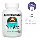 楽天アメリカサプリ専門スピードボディソースナチュラルズ 葉酸 800mcg タブレット 200粒 Source Naturals Folic Acid Tablets ビタミンB9 プレママ 赤ちゃん