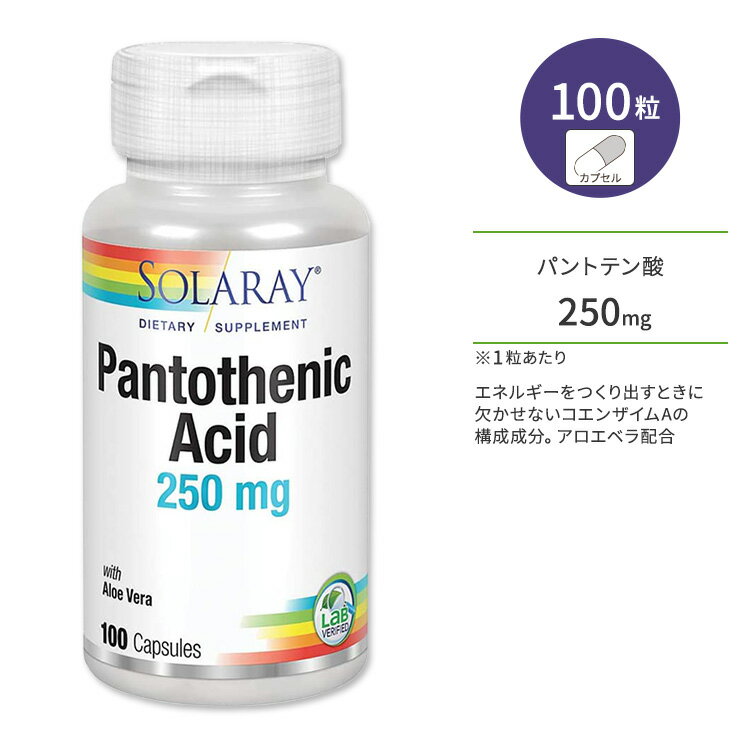 ソラレー パントテン酸 アロエベラ配合 250mg カプセル 100粒 Solaray Pantothenic Acid ビタミンB5 水溶性ビタミン