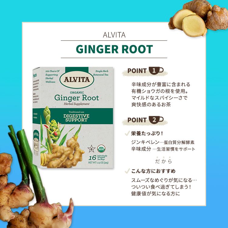 アルビタ オーガニック ジンジャールート ティーバッグ 16包 32g (1.13 oz) Alvita Organic Ginger Root Tea カフェインフリー ハーブティー ショウガ
