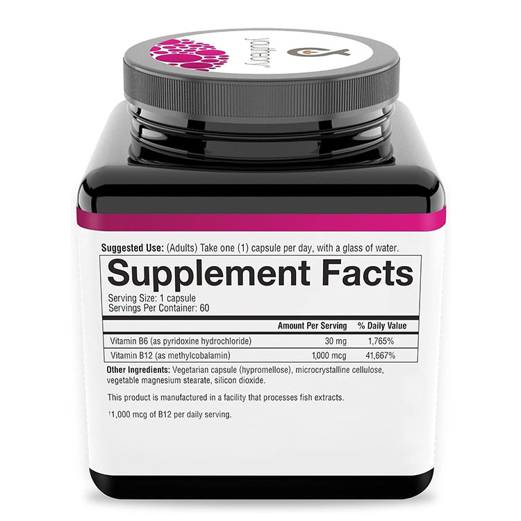 アメリカサプリ専門スピードボディのユーセオリー ビタミンB12 1000mcg + ビタミンB6 30mg 60粒 ベジカプセル youtheory Vitamin B12 B6 Capsule メチルコバラミン ピリドキシン フラフラ クラクラ【お取り寄せ商品】【合わせて買いたい】｜アングル3