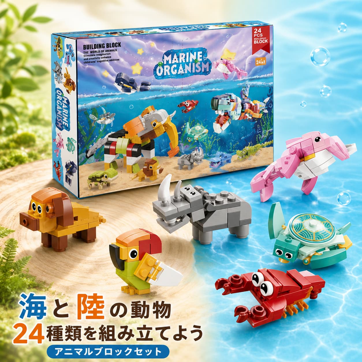 アドベントカレンダー ブロック 24種 動物 海の生き物 クリスマスカウントダウン 組み立ておもちゃ 6歳以上 ABS製 男の子 女の子 子供 誕生日 クリスマスプレゼント