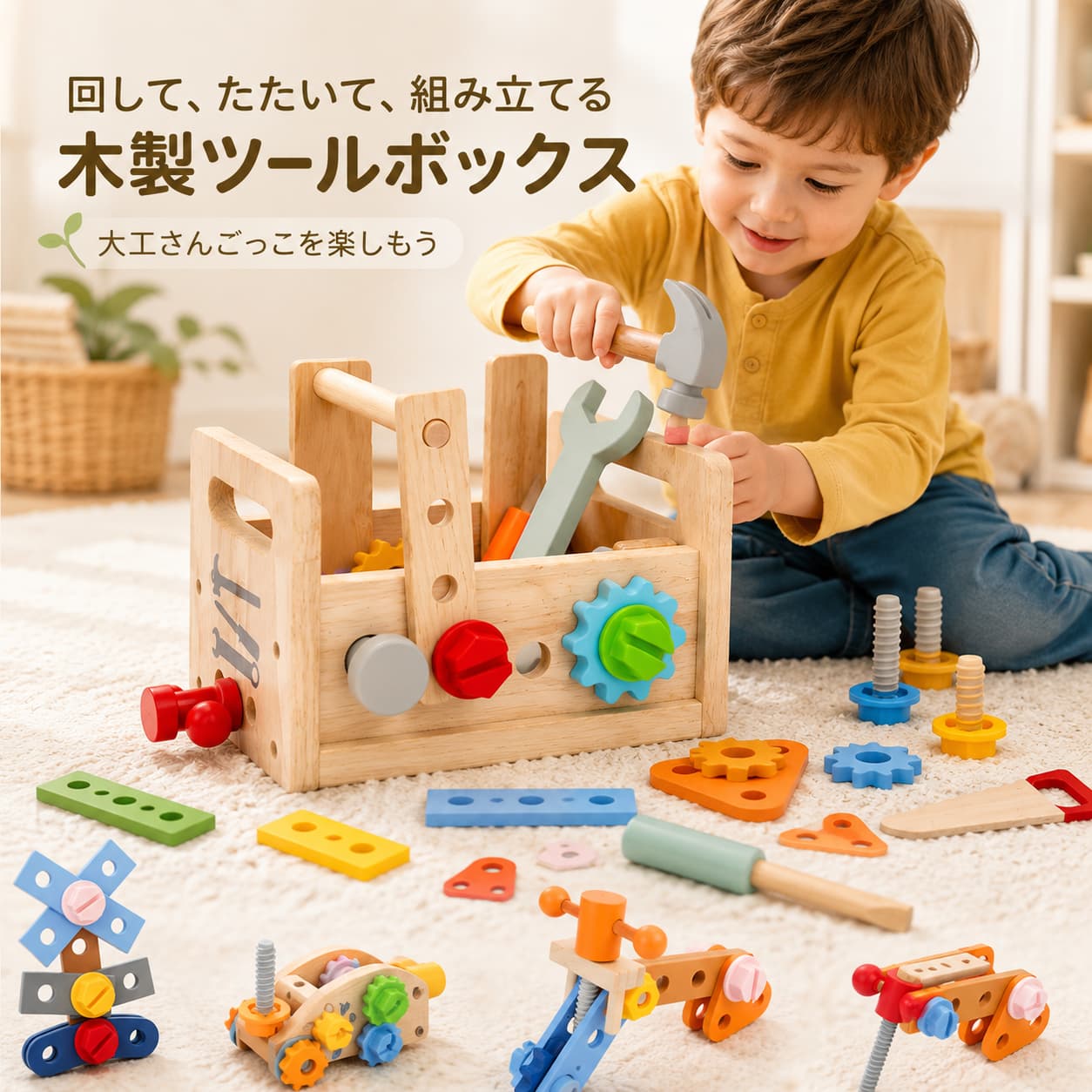 子供用工具おもちゃ 木製ツールボックス 3歳 4歳 5歳 6歳 知育玩具 組み立て ねじ回し ハンマートイ 指先遊び 大工さんごっこ 親子遊び 誕生日 クリスマス プレゼント