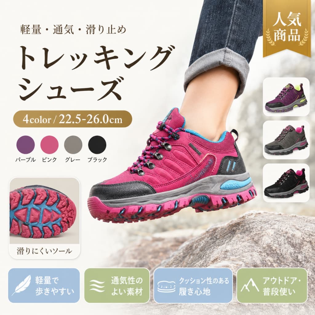 関連キーワード トレッキングシューズ レディース 登山靴 レディース スニーカー レディース スポーツシューズ レディース アウトドアシューズ レディース ウォーキングシューズ レディース ハイキングシューズ レディース 運動靴 レディース レディースシューズ 軽量 シューズ レディース 防水 シューズ レディース 滑り止め シューズ レディース クッション性 シューズ 通気性 シューズ レディース 吸汗 シューズ ミッドカット シューズ ミッドカット スニーカー レディース 登山 スニーカー レディース アウトドア スニーカー レディース ハイキング スニーカー レディース ウォーキング スニーカー レディース 軽い 登山靴 レディース 軽量 登山靴 防水 登山靴 レディース 滑りにくい シューズ レディース 歩きやすい シューズ レディース 履きやすい シューズ レディース 疲れにくい 靴 レディース 通勤 シューズ レディース 通学 シューズ レディース ゴルフ シューズ レディース アウトドア 靴 レディース ハイキング 靴 レディース 登山 靴 レディース ウォーキング 靴 レディース 運動会 シューズ レディース オールシーズン シューズ カジュアル シューズ レディース プレゼント レディース 靴 ギフト レディース シューズ 母の日 ギフト 誕生日 プレゼント 22.5cm 23cm 23.5cm 24cm 24.5cm 25cm パープル ピンク グレー ブラック レディース 登山シューズ レディース トレッキングシューズ 女性用 登山靴 女性用 アウトドアシューズ 女性用 ウォーキングシューズ 女性用 ハイキングシューズ レディース 防水スニーカー レディース 軽量スニーカー レディース ミッドカットシューズ レディース カジュアルスニーカー アウトドア用 シューズ 山歩き シューズ レディース 山登り 靴 レディース 普段使い シューズ レディース 旅行 シューズ レディース 散歩 シューズ レディース 外遊び シューズ レディース スポーツ 靴 レディース クッション スニーカー レディース 通気 スニーカー レディース 吸汗 スニーカー レディース 滑り止め スニーカー レディース 防水 アウトドアシューズ 軽量 アウトドアシューズ 通勤 通学 シューズ オールシーズン レディースシューズ 母の日 プレゼント 靴 誕生日 ギフト レディース【製品概要】 アウトドアから普段使いまで幅広く使いやすい、レディース向けトレッキングシューズです。 登山、ハイキング、ウォーキング、スポーツ、通勤・通学など、さまざまなシーンに合わせやすいデザインです。 クッション性のある履き心地で、長時間歩く日にも取り入れやすい一足です。 カジュアルなコーデにもなじみやすく、季節を問わず使いやすいシューズです。 【商品特長】 ・衝撃を吸収してくれるクッション性のあるスニーカーです。 ・吸汗性、通気性に配慮されており、オールシーズン使いやすい仕様です。 ・長時間歩く時の負担感をできるだけ抑える工夫が施されています。 ・アウトドア、ハイキング、ウォーキング、スポーツシーンにおすすめです。 ・滑り止め仕様で、日常のお出かけにも使いやすいシューズです。 ・パープル、ピンク、グレー、ブラックの4カラー展開です。 ・22.5cmから25cmまでのサイズをご用意しています。 【主な仕様】 ・商品名：レディース トレッキングシューズ ・タイプ：登山靴／スニーカー／スポーツシューズ／運動靴 ・対象：レディース ・サイズ：22.5cm、23cm、23.5cm、24cm、24.5cm、25cm ・カラー：パープル、ピンク、グレー、ブラック ・素材：ポリエステル、PU、ゴム、その他 ・機能：クッション性、吸汗性、通気性、滑り止め、軽量、防水 ・用途：登山、ハイキング、ウォーキング、アウトドア、ゴルフ、スポーツ、通勤、通学 ※靴のサイズは小さめのため、ワンサイズ大きいサイズをお選びいただくことをおすすめいたします。 【カラーバリエーション】 ・パープル ・ピンク ・グレー ・ブラック アウトドアスタイルにも普段のカジュアルコーデにも合わせやすいカラー展開です。 【おすすめシーン】 ・登山やトレッキングに ・ハイキングやウォーキングに ・アウトドアやキャンプのお出かけに ・ゴルフやスポーツシーンに ・通勤、通学、普段履きに ・運動会やレジャーシーンに ・母の日、誕生日などのプレゼントにもおすすめです。 【注意事項】 ・靴のサイズは小さめですので、ワンサイズ大きいサイズをお選びください。 ・サイズの理由による交換の場合、最初の返送送料はお客様のご負担となりますが、新しい商品の発送送料は当店が負担いたします。 ・サイズ詳細等の測り方はスタッフ間で統一、徹底しておりますが、実寸は商品によって若干の誤差がある場合がございます。予めご了承ください。 ・製造ロットにより、細部形状の違いや、同色でも色味に多少の誤差が生じる場合がございます。 ・パッケージは改良のため、予告なく仕様を変更する場合がございます。 ・商品の色は、撮影時の光やお客様のモニターの色具合などにより、実際の商品と異なる場合がございます。あらかじめご了承ください。 【関連キーワード】 トレッキングシューズ レディース 登山靴 スニーカー スポーツシューズ アウトドアシューズ ウォーキングシューズ ハイキングシューズ 運動靴 軽量 防水 滑り止め クッション性 通気性 吸汗 ミッドカット 22.5cm 23cm 23.5cm 24cm 24.5cm 25cm パープル ピンク グレー ブラック 通勤 通学 ゴルフ アウトドア ハイキング ウォーキング 登山 運動会 オールシーズン カジュアル レディースシューズ プレゼント ギフト 母の日 誕生日