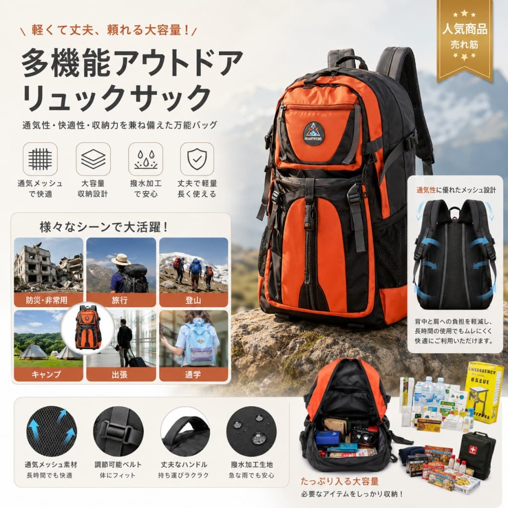 【お買い物マラソン限定|当店8%OFF】大容量 防災リュック バックパック リュックサック 災害対策 地震 登山 デイバッグ 防水 スポーツ 旅行 アウトドア ハイキング 鞄